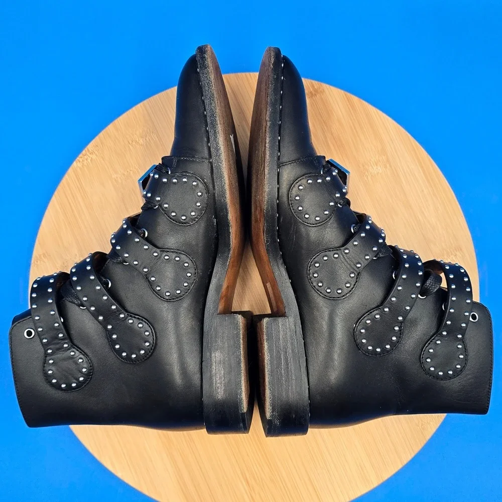 Givenchy Elegant Studded Leather Multi-Buckle‎ Ankle Boots Black Size 37 US 7
